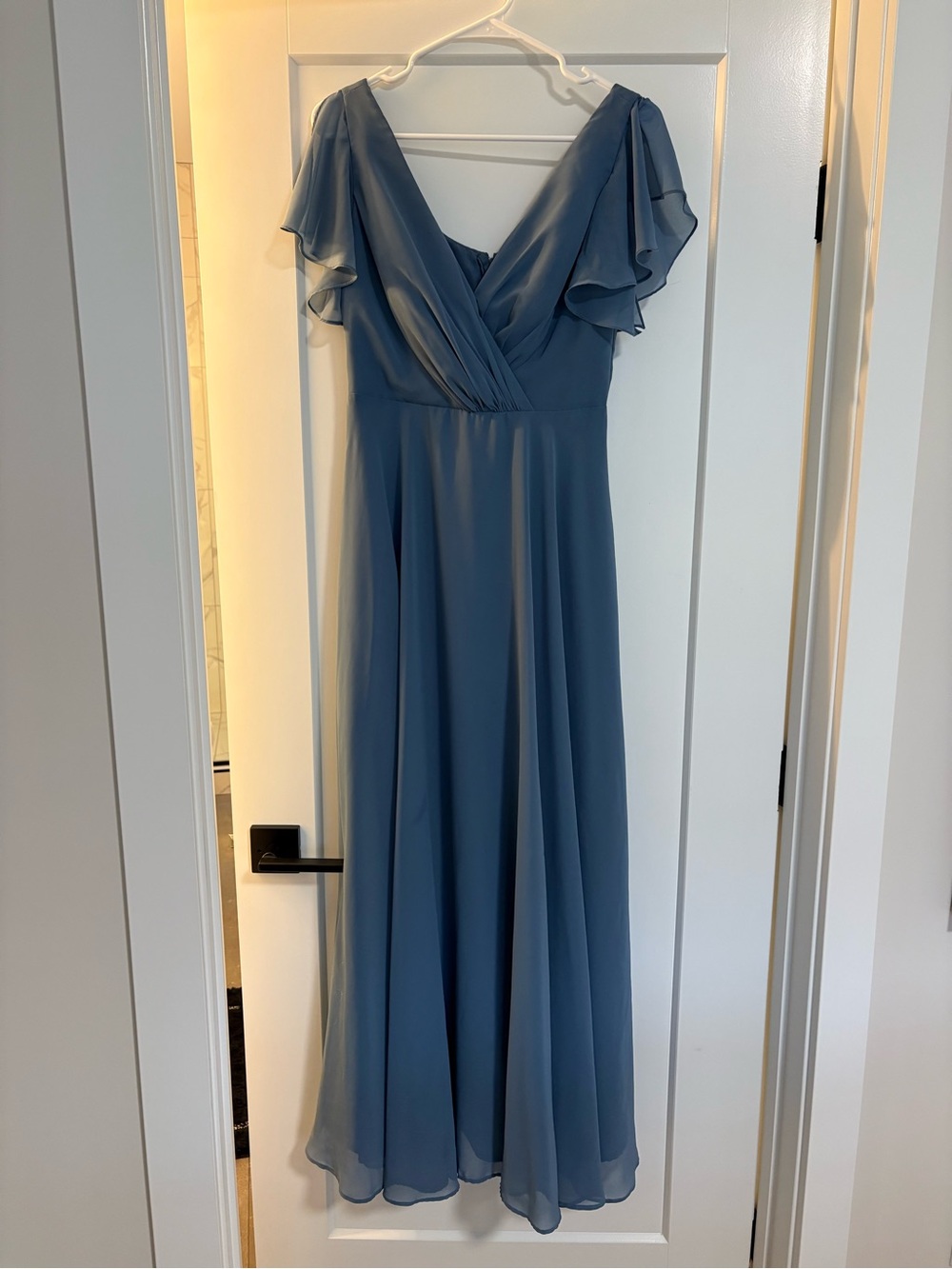 David's Bridal Dusty Blue V-Neck Flutter Sleeve Maxi Dress